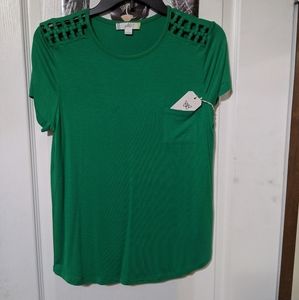SALE Glitz Jellybean Green Short Sleeve Shirt Top W Pocket Crochet Knit Shoulder